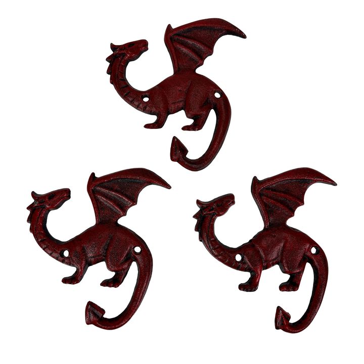 Set Of 3 Dragon Wall Hooks Red Rust Cast Iron Gothic 525 In Decorative