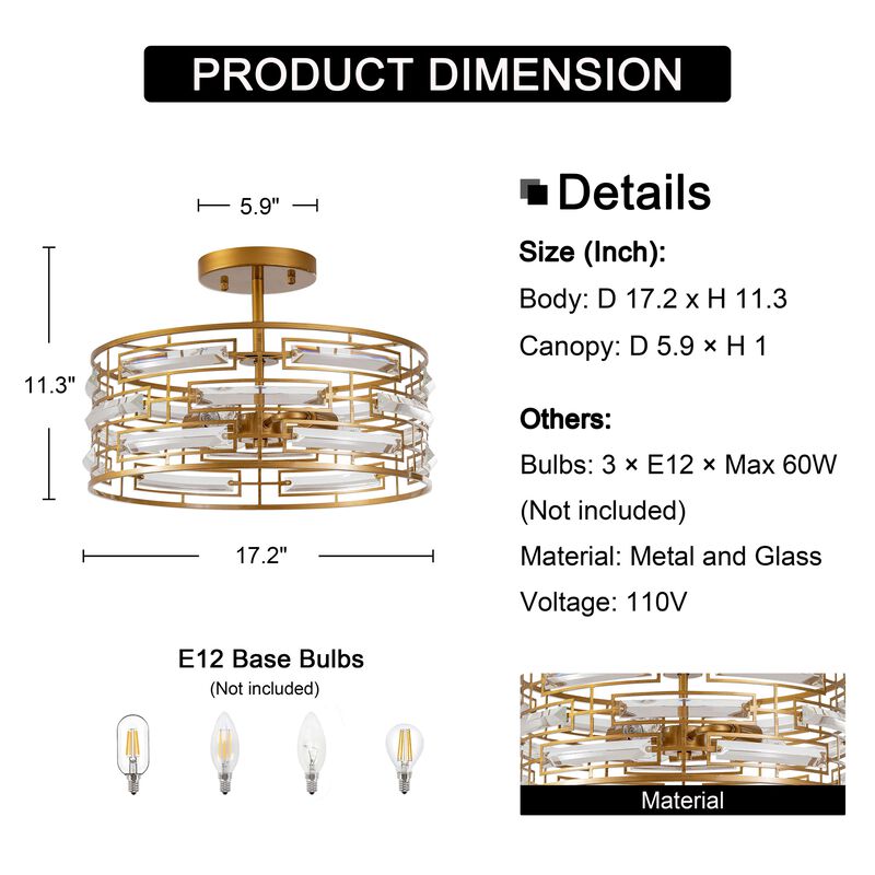 Ariel 3-Light Drum Shade Clear Glass Prism Flush Mount - Medium‑gloss Brushed Brass Finish image number 7