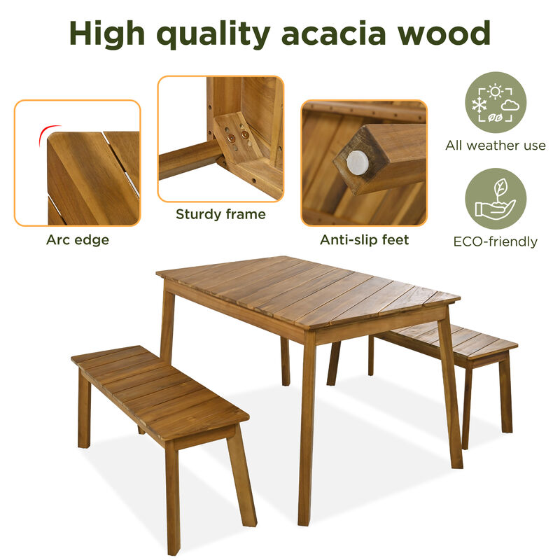 Merax 3 Pieces Acacia Wood Table Bench Dining Set