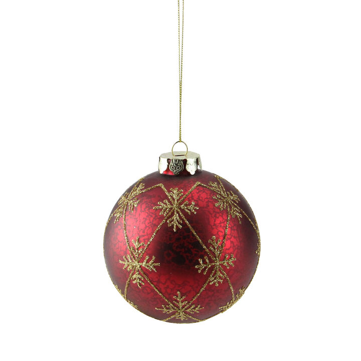3.25" Burgundy Red and Gold Glittered Snowflake Glass Ball Christmas Ornament