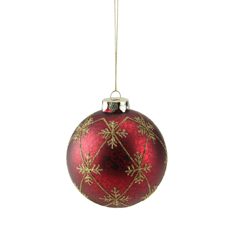 3.25" Burgundy Red and Gold Glittered Snowflake Glass Ball Christmas Ornament image number 0