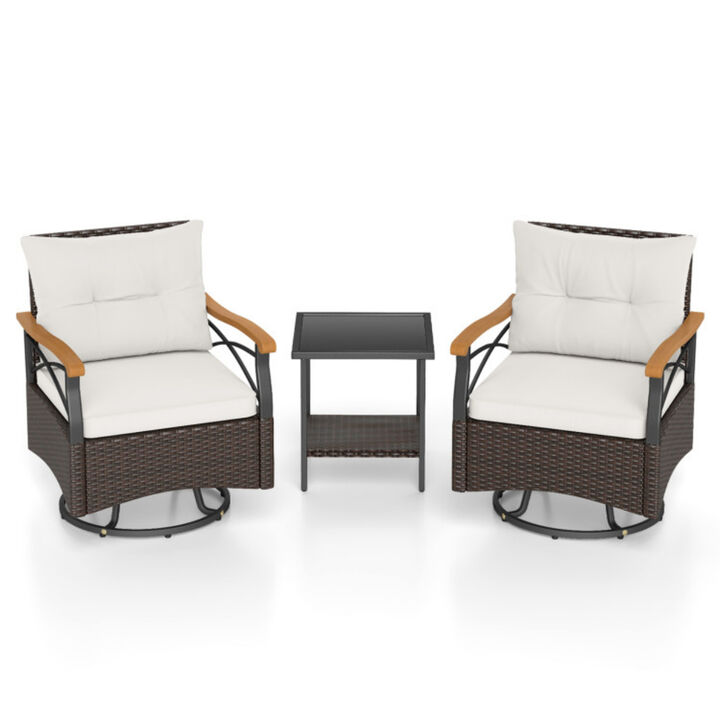 Outdoor Swivel Chair Set 3 Piece with Tempered Glass Side Table