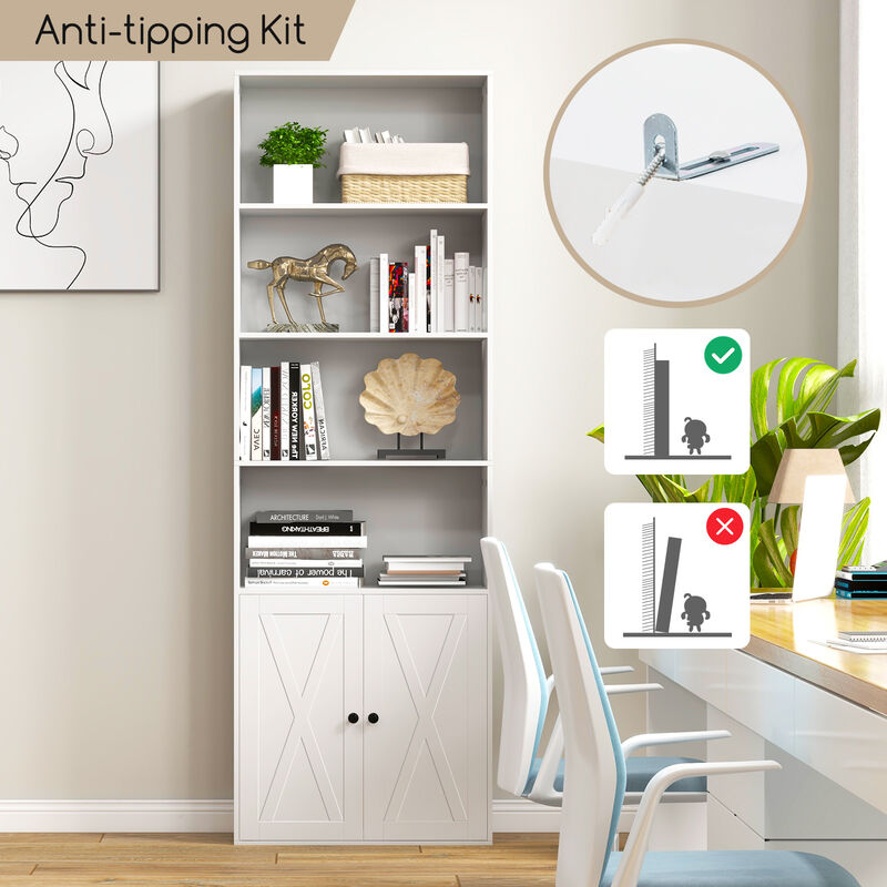 Freestanding Bookshelf with 6 Shelves and 2-Door Cabinet