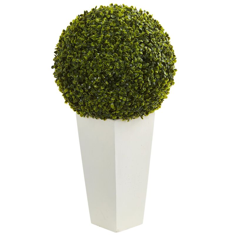 Nearly Natural 28-in Boxwood Topiary Ball in White Planter (Indoor/Outdoor) image number 1