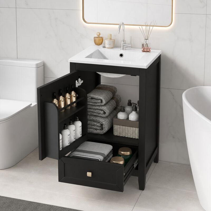 ELEMENT ACE Freestanding 20 Inch Bathroom Vanity with Ceramic Sink, Soft Closing Door, Drawer, and Built-In Storage Rack image number 3