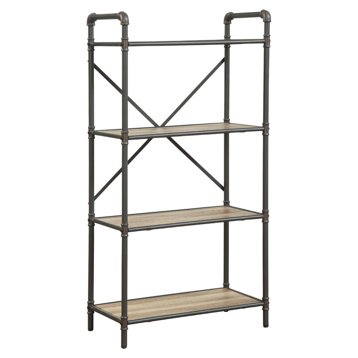 Three Tier Metal Bookshelf With Wooden Shelves, Oak Brown & Gray