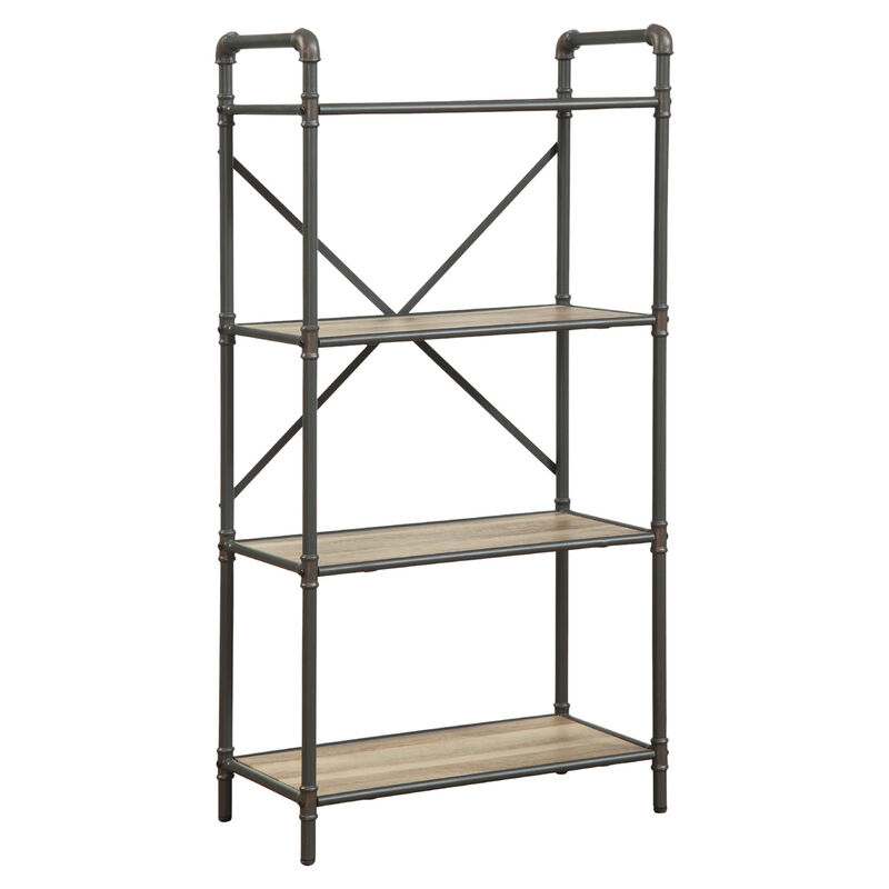 Three Tier Metal Bookshelf With Wooden Shelves, Oak Brown & Gray