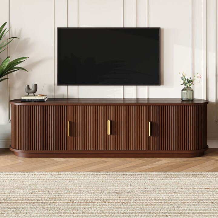 Merax Modern TV Stand with Tambour Sliding Doors, 4 Shelves, Side Cabinets, Cable Holes