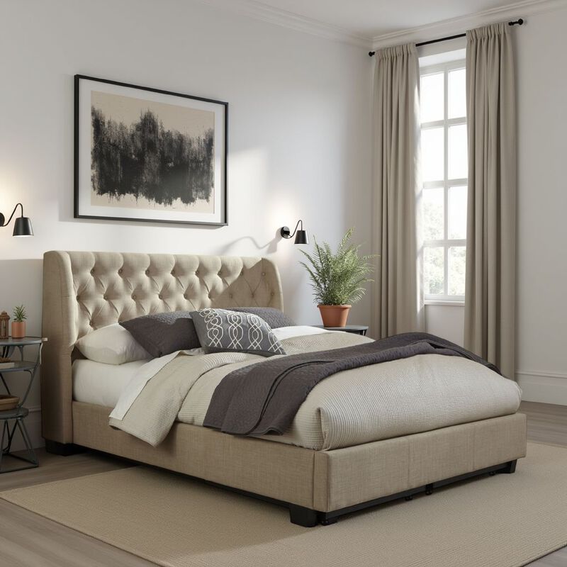 Pax Queen Bed, Storage Footboard, Button Tufted Upholstery, Beige Linen - Benzara