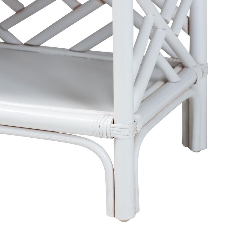 bali & pari Tiaret Natural Rattan Nightstand with Drawer and Shelves – Chippendale-Style Bedside Table for Bedroom or Coastal Living Spaces, White