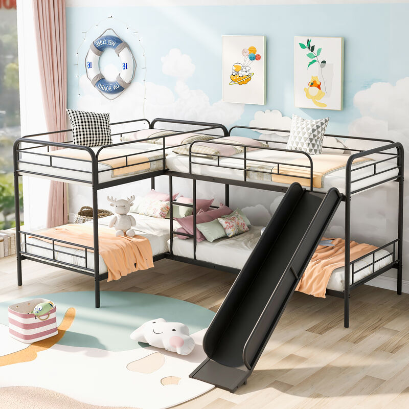 Whisen Twin Size L-Shaped Bunk Bed with Slide and Ladder- Black