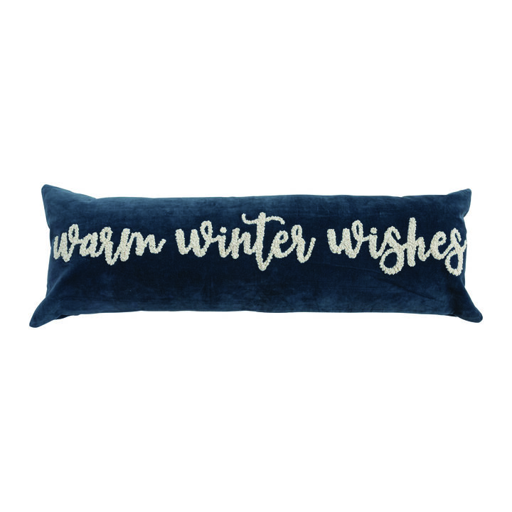 Woven Cotton Velvet Lumbar Pillow with Embroidered "Warm Winter Wishes", Navy and Cream