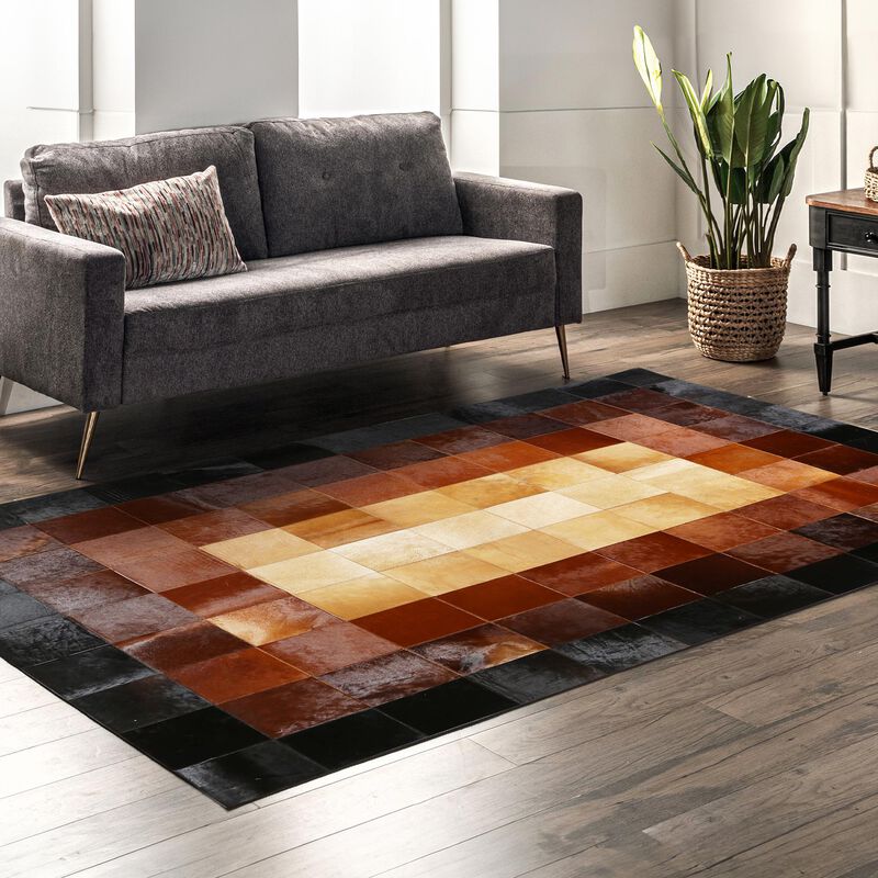 Checkered Pattern Black and Brown Cowhide Patchwork Rug image number 2