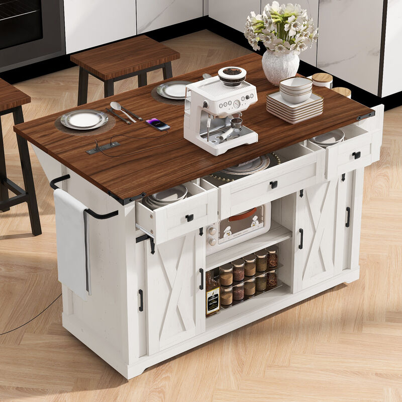 Merax Farmhouse Kitchen Island with Storage, Sliding Barn Door & Metal Grid Side Door image number 2
