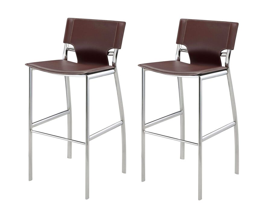 HomeRoots Set of Two 25" Brown and Silver Faux Leather and Metal Low Back Counter Height Bar Chairs
