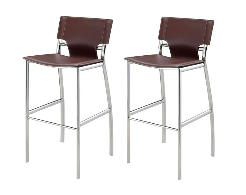 HomeRoots Set of Two 25" Brown and Silver Faux Leather and Metal Low Back Counter Height Bar Chairs image number 0