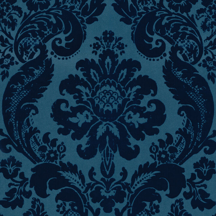 Shadow Blue Flocked Damask Wallpaper