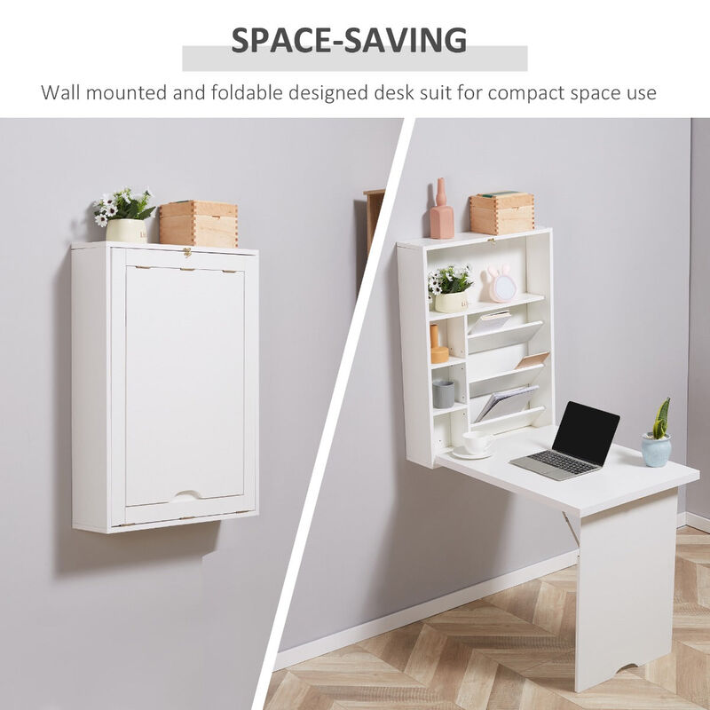 Space-Saving Workstation: White Wall-Mounted Convertible Desk with Storage