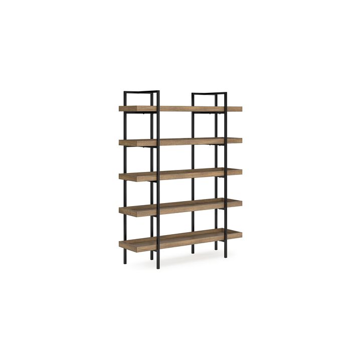 Tey Bookcase, 5 Display Shelves, Brown Mango Wood, Gray Metal Frame - Benzara