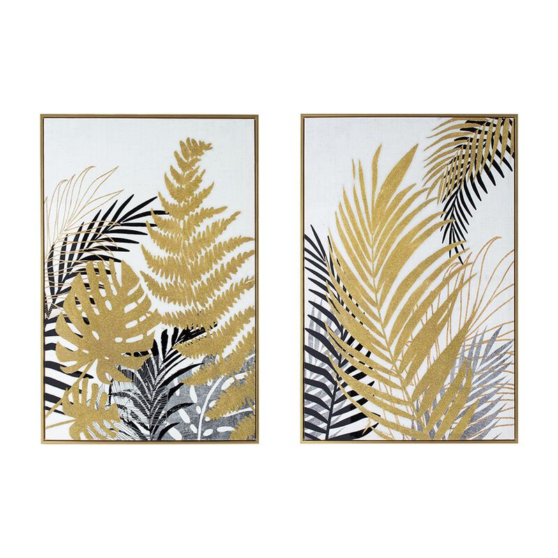 Nir 23 x 35 Set of 2 Palm Leaf Wall Art, Frame Decor, Black Gold, Gray Wood image number 0