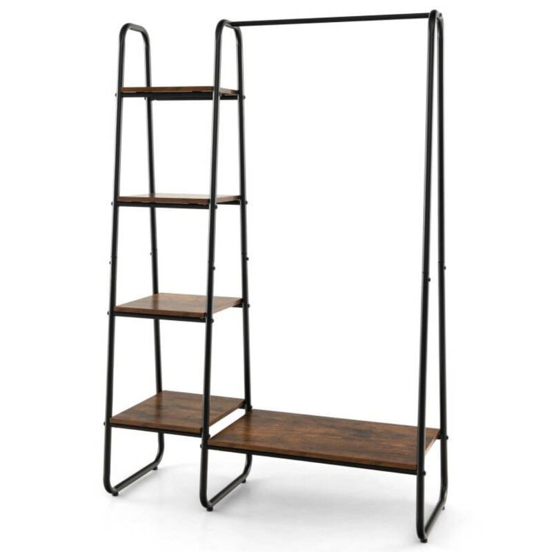 Industrial Freestanding Clothing Rack – Metal Rod with Wooden Storage Shelves