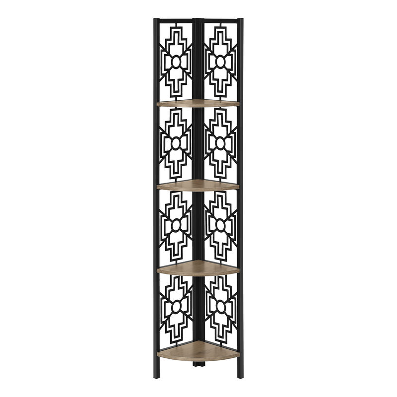 Monarch Specialties I 3621 Bookshelf, Bookcase, Etagere, Corner, 4 Tier, 62"H, Office, Bedroom, Metal, Laminate, Brown, Black, Transitional
