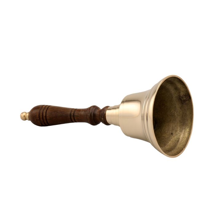 Handcrafted Brass Hand Bell With Wooden Handle, Gold and Brown-Benzara