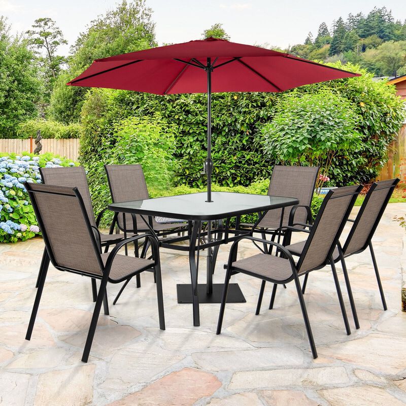 Mondawe 7Pcs Outdoor Dining Set,55" Rectangular Table With Umbrella Hole&6 Stackable Fabric Chairs