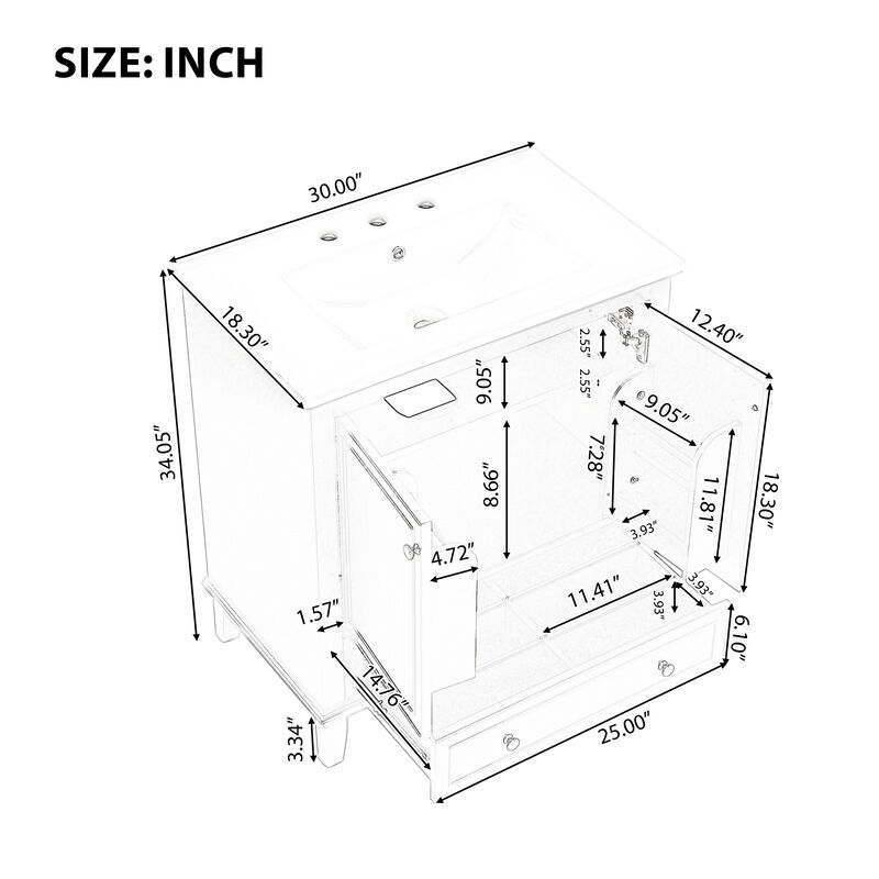 Whisen 30" Bathroom Storage Cabinet Bathroom Vanity with Ceramic Sink and Adjustable Shelf