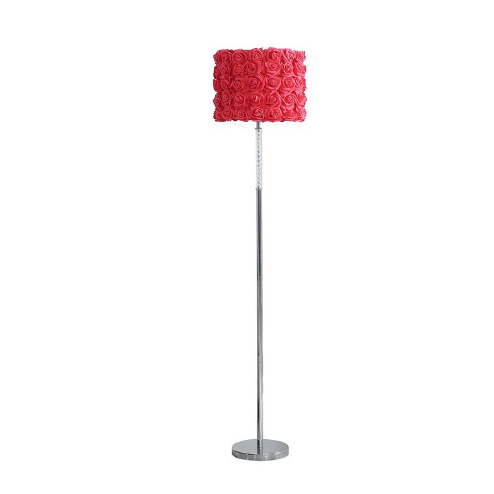 Finn 63 Inch Glamorous Floor Lamp, Rose Accent Shade, 100W, Red, Silver-Benzara