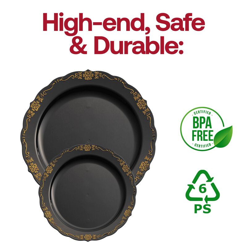 Black with Gold Vintage Rim Round Plastic Dinnerware Value Set (120 Sets) image number 5
