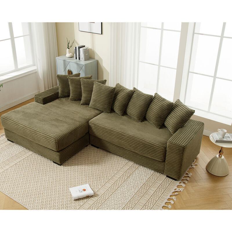 Merax Luxurious Corduroy Sectional Sofa with Left-Side Chaise Lounge 8 Coordinating Throw Pillows Soft Durable Fabric Generously Padded Armrests Sturdy Black Plastic Legs image number 1