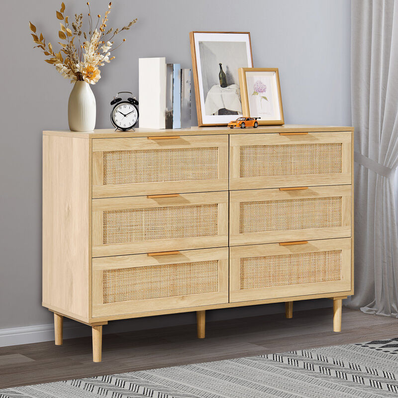 6 Drawer Rattan Dresser Chest of Drawers with Storage for Bedroom Living Room Hallway