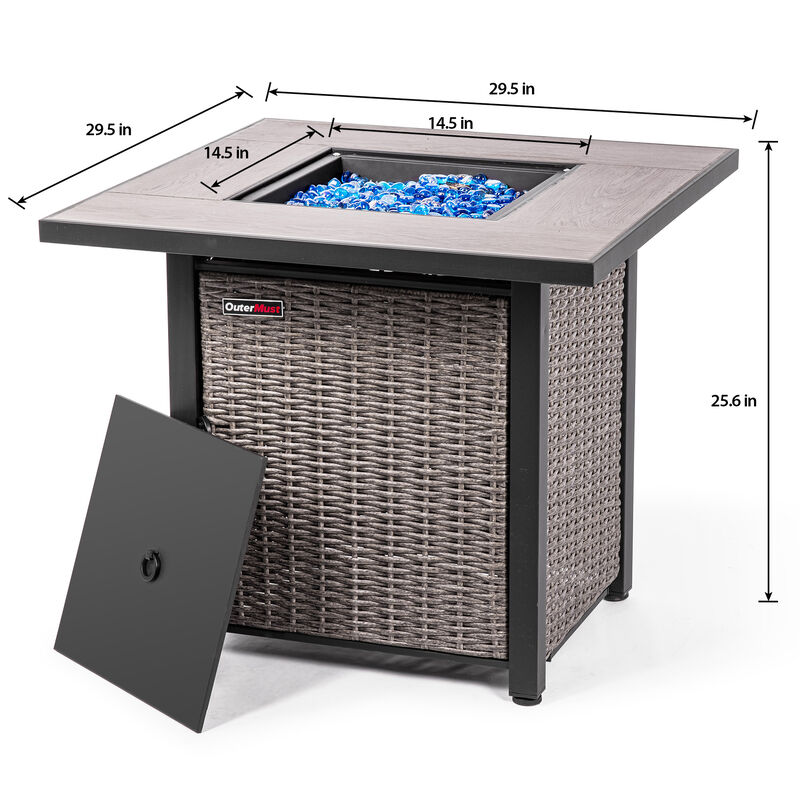 OuterMust 30 Inch Propane Fire Pit Table 50,000 BTU with Lid & Blue Glass Bead