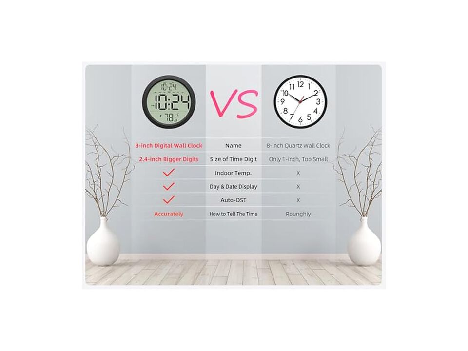 Digital Date Temperature Auto DST Electric Wall Clock 8 Inch Silent Black