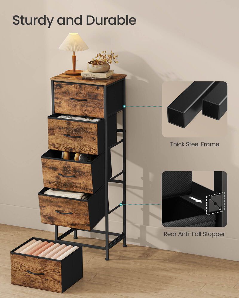 46 Inch Tall 5 Drawer Dresser Storage Organizer Steel Frame Brown image number 3