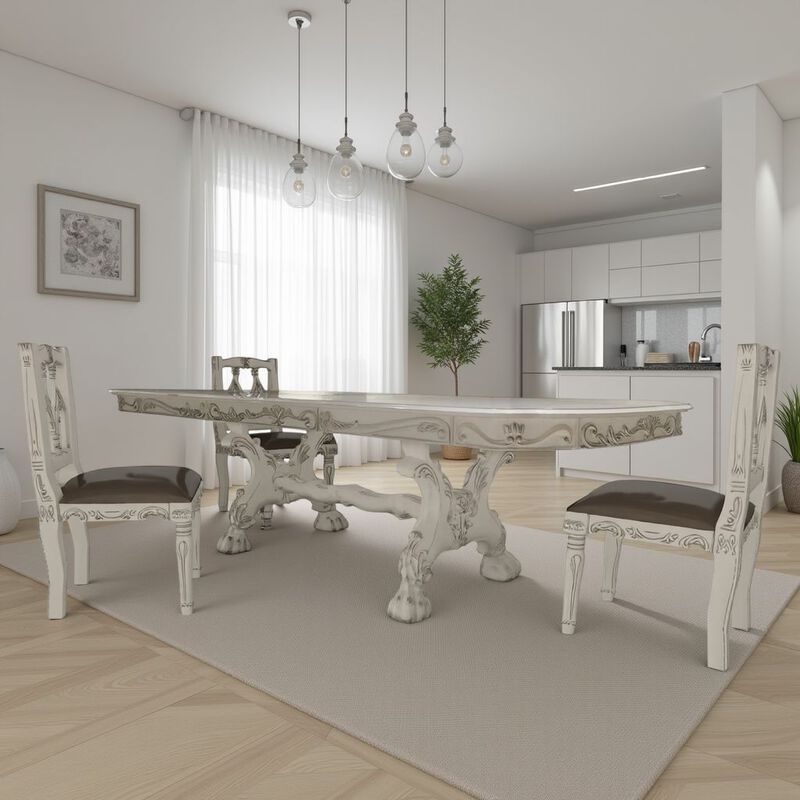 Ally Dining Table, Double Pedestal Base, Bone White Wood, 94-136 Inch - Benzara