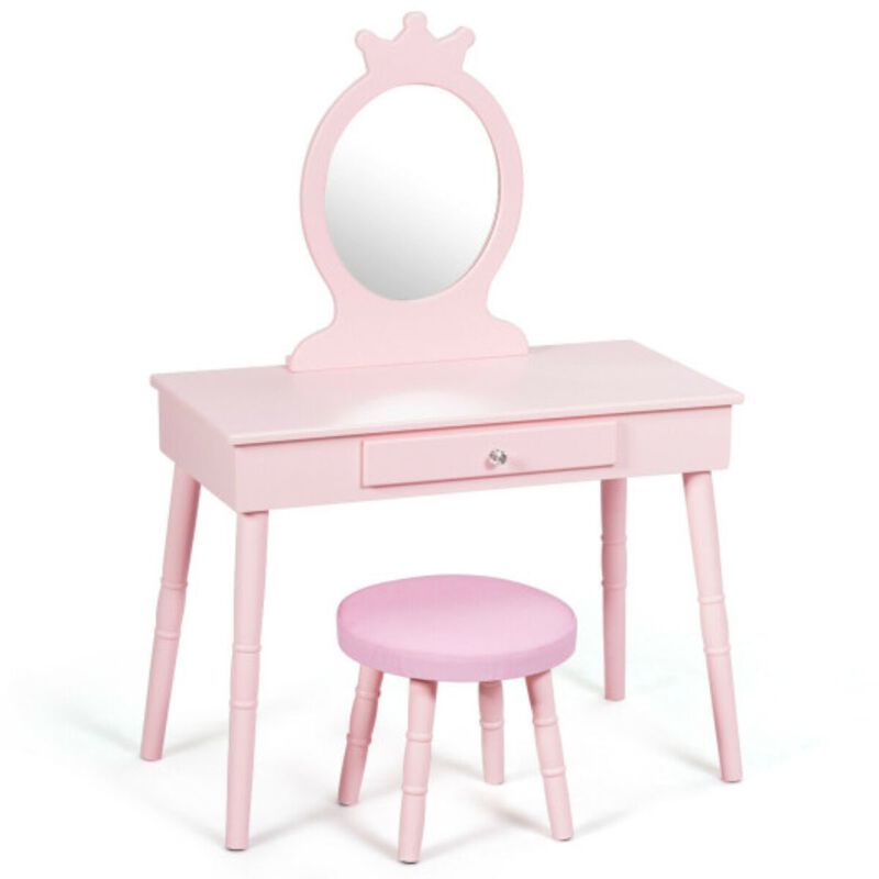 Kids Wooden Princess Makeup Table with Cushioned Stool-Pink image number 1