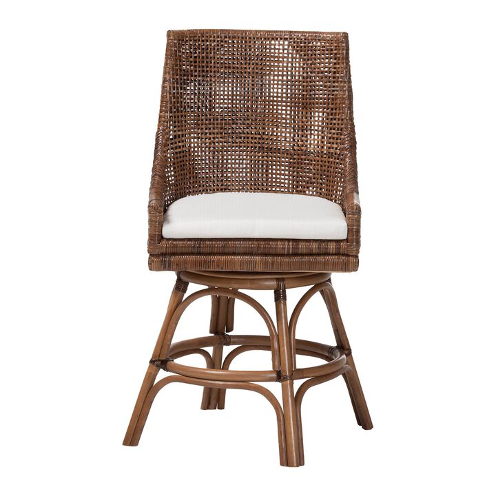 bali & pari Bella Swivel Rattan Counter Stool with Cushion - Handwoven Wicker Kitchen Island Seating with Backrest and Footrest, Coffee Bean