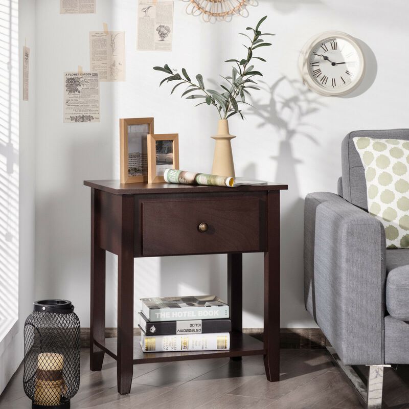 Nightstand with Drawer and Storage Shelf for Bedroom Living Room - Espresso