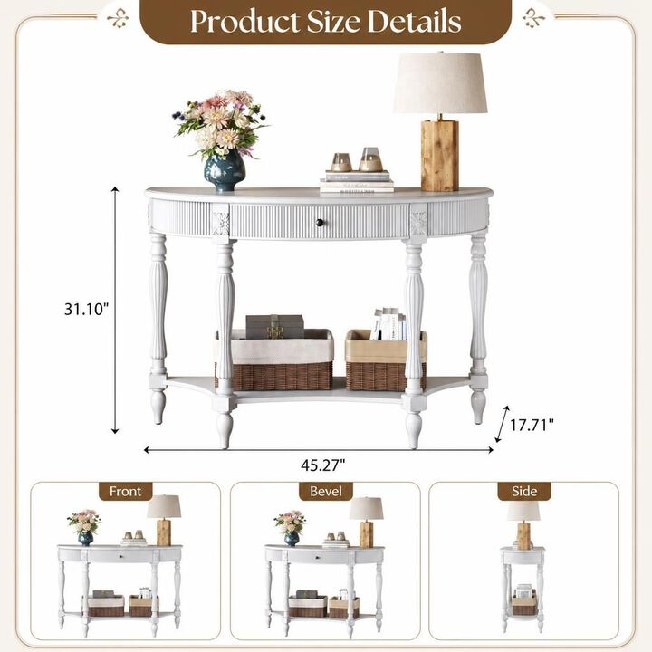 GOODSILO Solid Wood Half Moon Console Table with Drawer and Open Shelf, Fluted Vintage Curved Entryway Table for Narrow Hallway Living Room Foyer