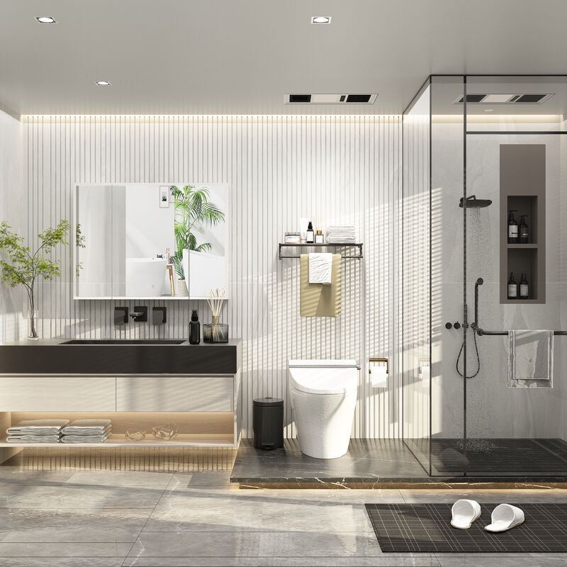 FUFU&GAGA Adjustable 3-Color LED Lighted Mirror Cabinet with Defogger Function and Built-in Storage Shelves, Independent Anti-Fog Switch, (45.9 in. W x 5.1 in. D x 34.6 in. H), White