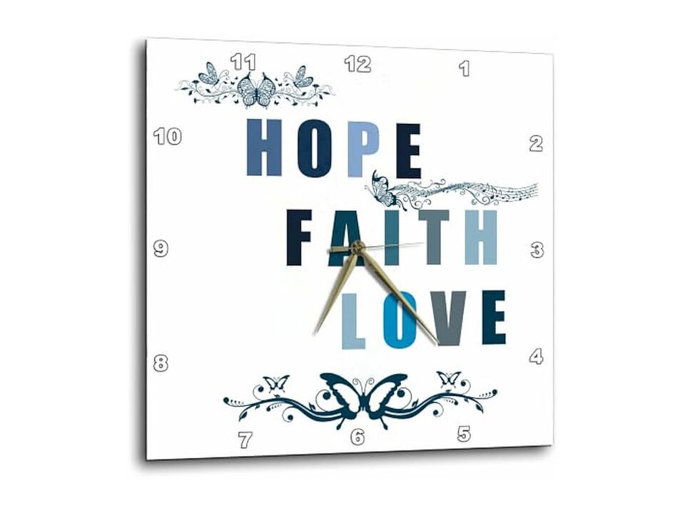 Hope Faith Love Blue Butterflies Wall Clock 13 Inch Silent Home Decor