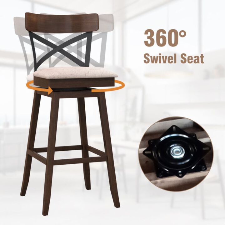 Hivago Set of 2 Wooden Swivel Bar Stools with Cushioned Seat and Open X Back