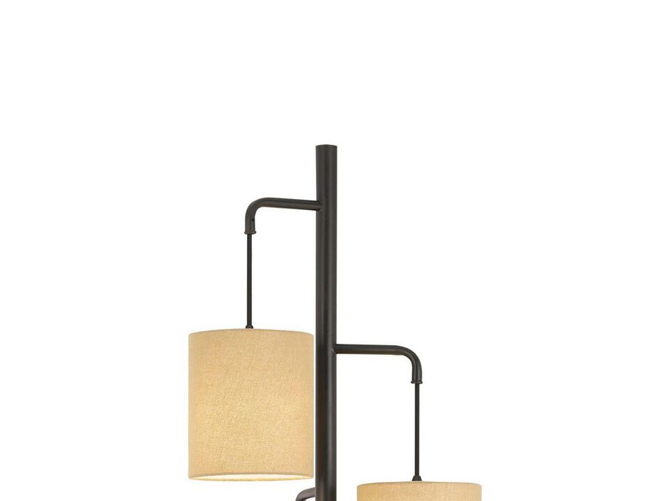 3 Light Lantern Design Metal Floor Lamp with Fabric Shades, Black and Beige - Benzara
