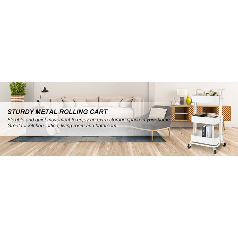 3-Tier Rolling Storage Utility Cart, Heavy Duty Craft Cart with Wheels and Handle, White