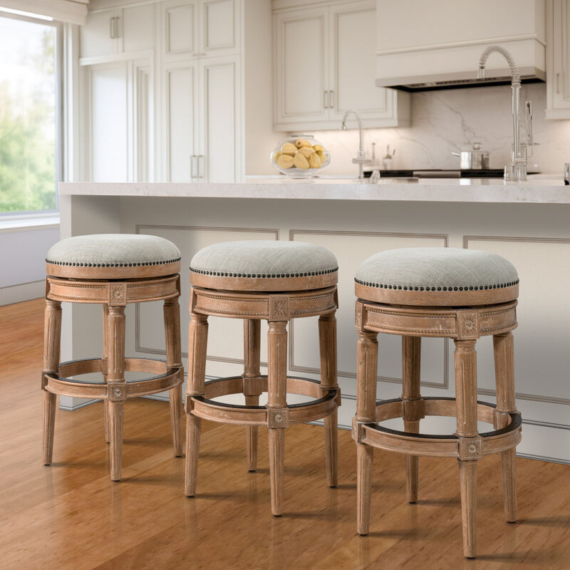 Hivvago 31 Inch Beige And Natural Solid Wood Swivel Backless Bar Height Bar Chair