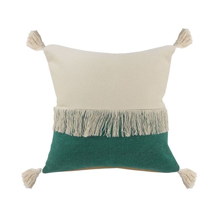 20" Green and White Fringe Color Block Square Throw Pillow