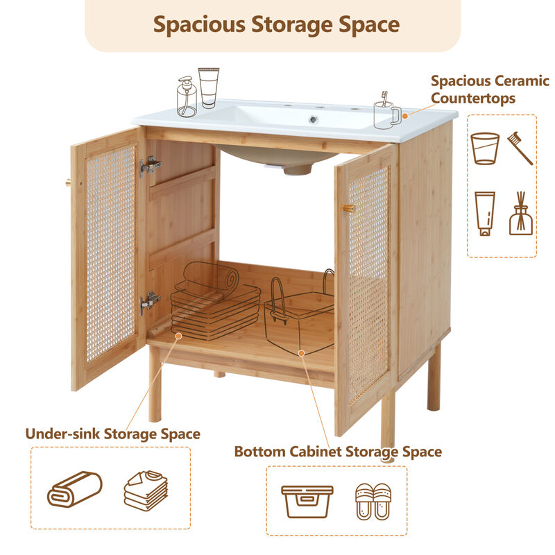 ELEMENT ACE Space-Saving Natural Bamboo Vanity with Handwoven Rattan Doors image number 7