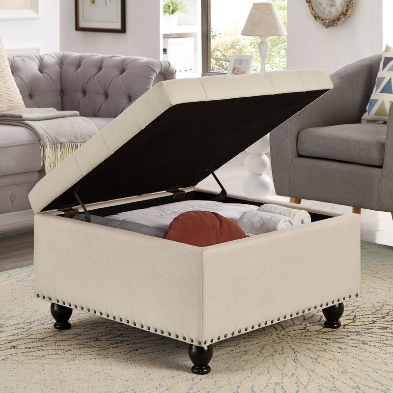 Streamdale Beige upholstered storage ottoman with wooden legs image number 6